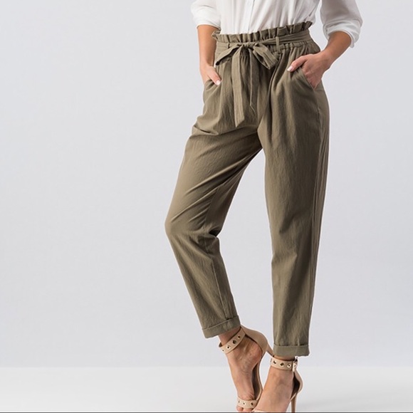 Pants - Olive Paperbag Pegged Trousers High Waist